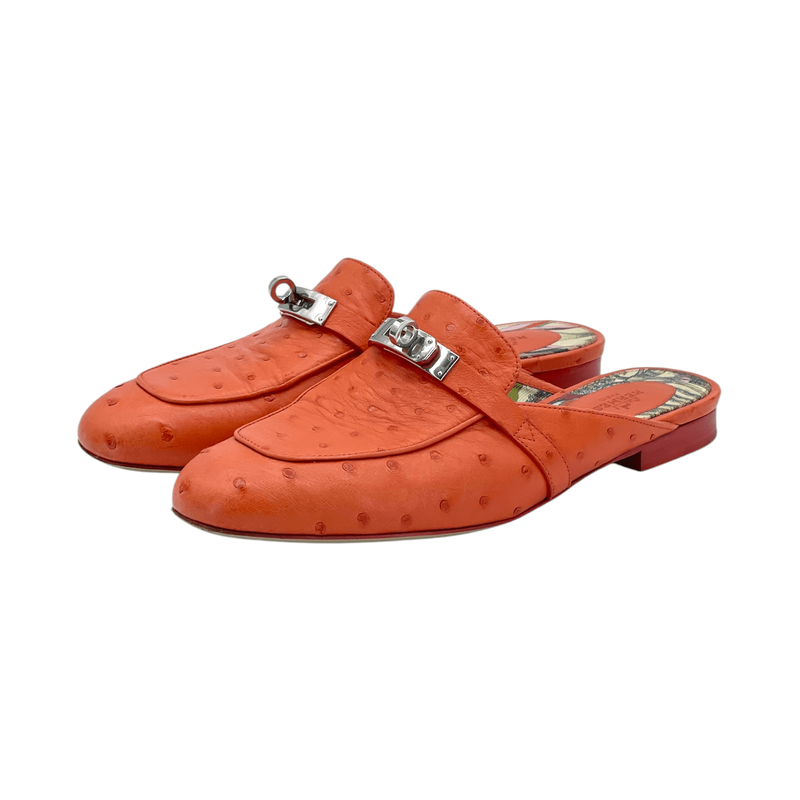 Hermes Orange Ostrich Leather Palladium Hardware Oz Mules 38 - 1