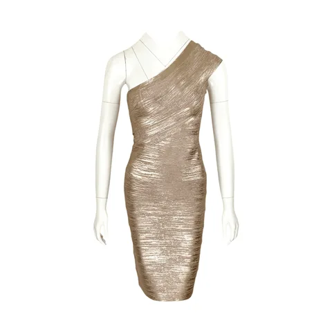 Herve Leger Shiny Beige One Shoulder Dress 2 - 1