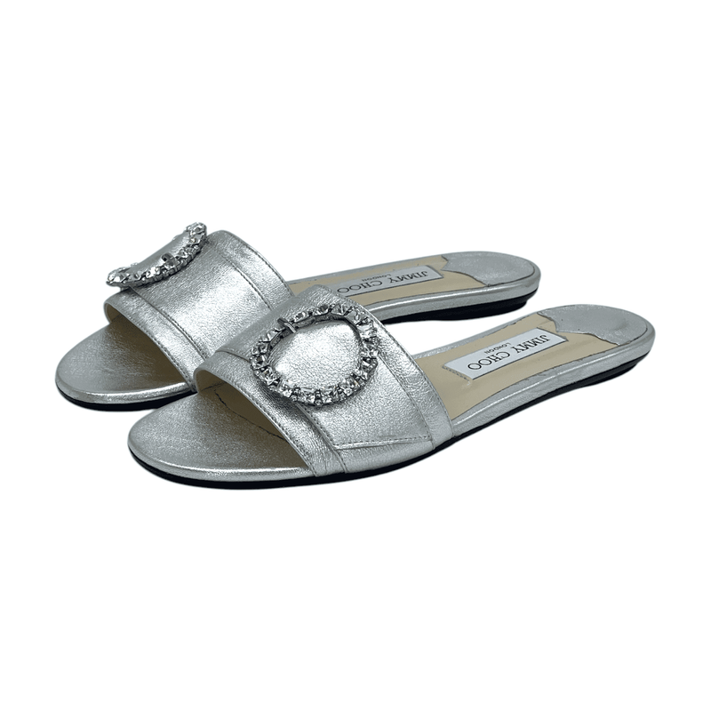 Jimmy Choo Silver Leather Granger Buckle Embellished Flat Slides 37 - 1