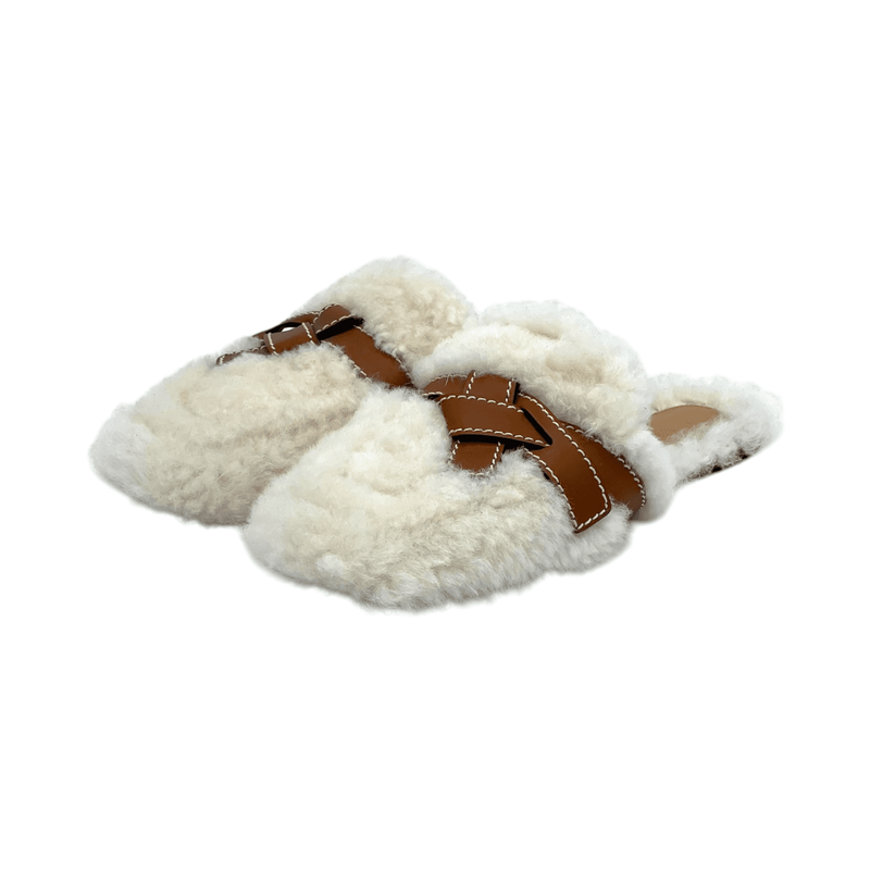 Loewe White Shearling Light Brown Leather Flat Mules 38 - 1