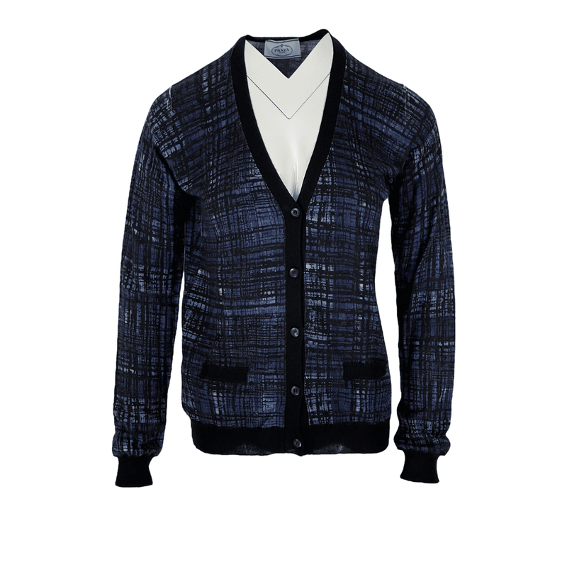 Prada Navy Blue Black Plaid Wool Cardigan IT44 - 1