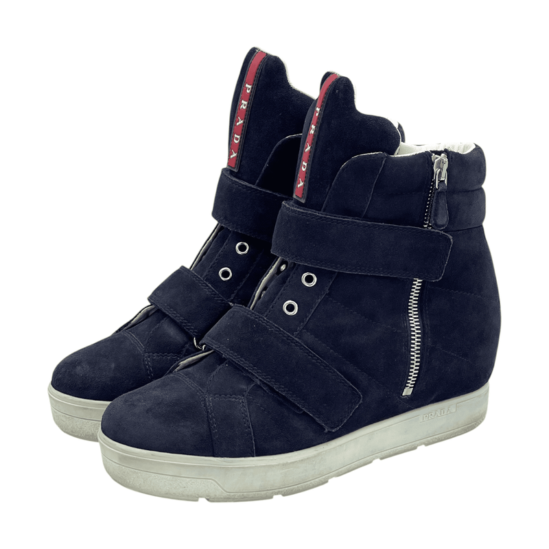 Prada Navy Blue Suede Sports Wedge Sneakers 38.5 - 1