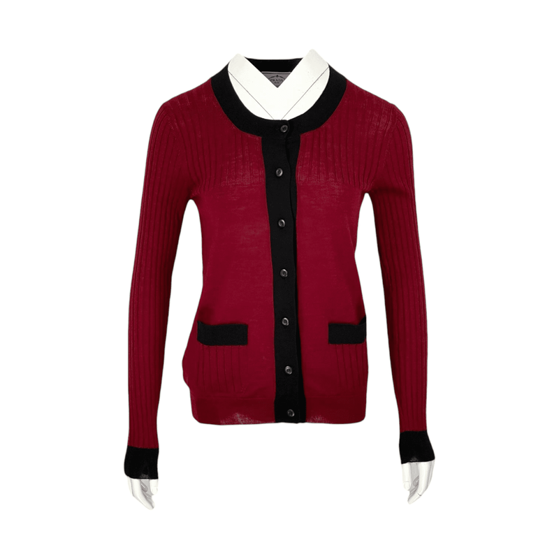 Prada Burgundy Black Wool Knit Cardigan IT40 - 1