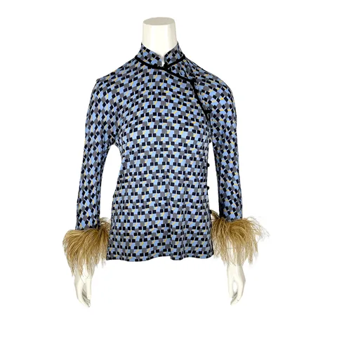 Prada Blue Black Yellow Plaid Viscose Faux Fur Blouse IT40
