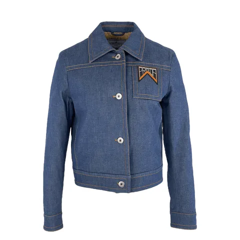 Prada Blue Denim Shearling Lined Rubber Logo Pocket Jacket IT38 - 1