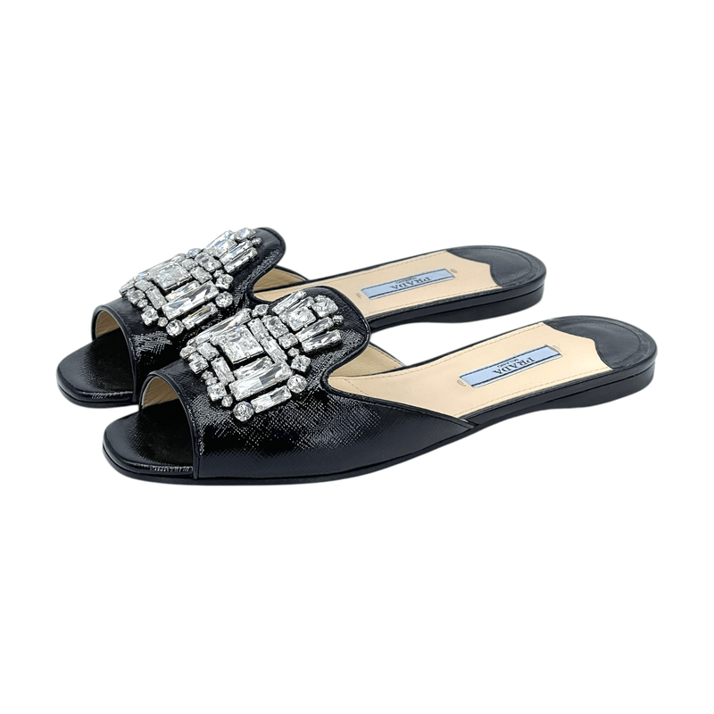 Prada Crystal Embellished Black Vernice Saffiano Flat Slides 37.5 - 1