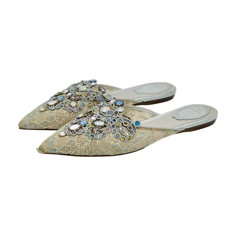 Rene Caovilla Lace Stone Flat Slippers 38.5 - 1