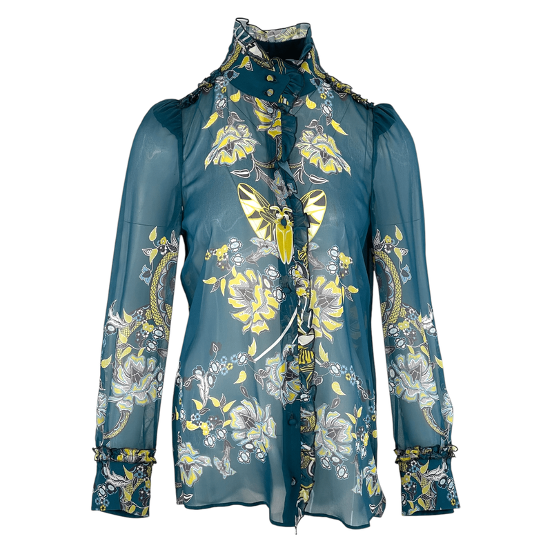 Roberto Cavalli Petrol Green Patterned Blouse IT40 - 1