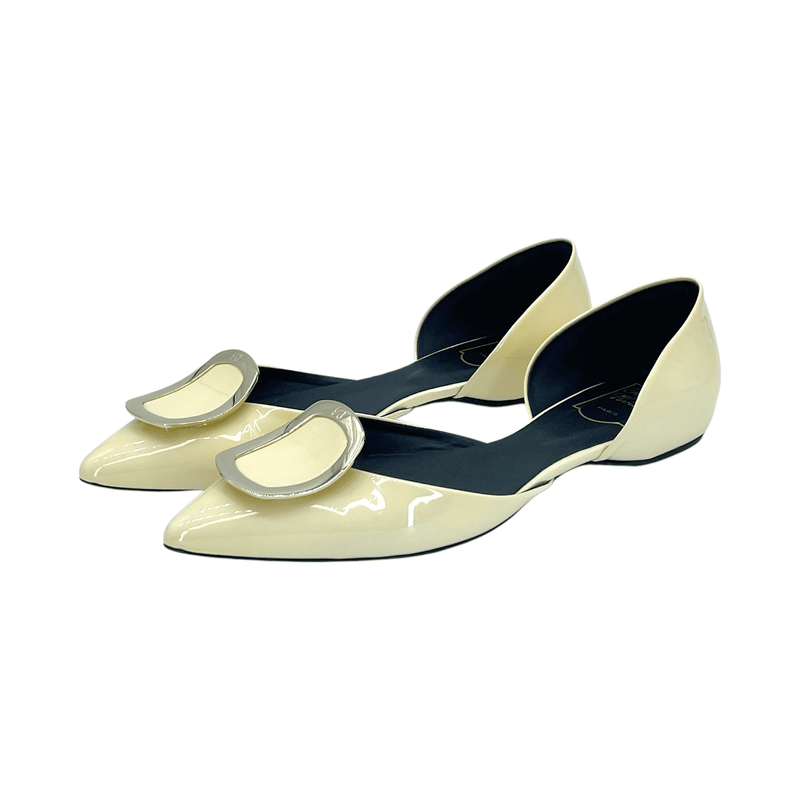 Roger Vivier Cream Patent Leather Chips Dorsay Ballerina Flats 38.5 - 1