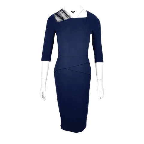 Roland Mourent Navy Blue Half Sleeve Lace Detail Dress FR36 - 1