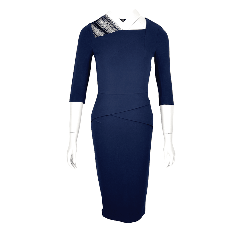 Roland Mourent Navy Blue Half Sleeve Lace Detail Dress FR36 - 1