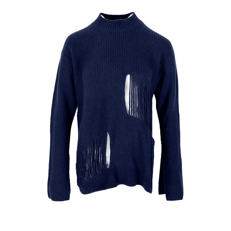 Stella McCartney Navy Blue Cashmere Wool Fringed Cut Out Turtleneck Knitwear 38 - 1