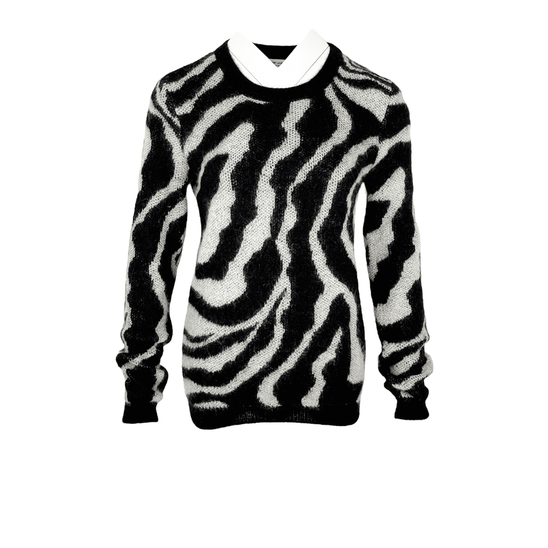 Saint Laurent Black White Mohair Abstract Print Sweater M - 1