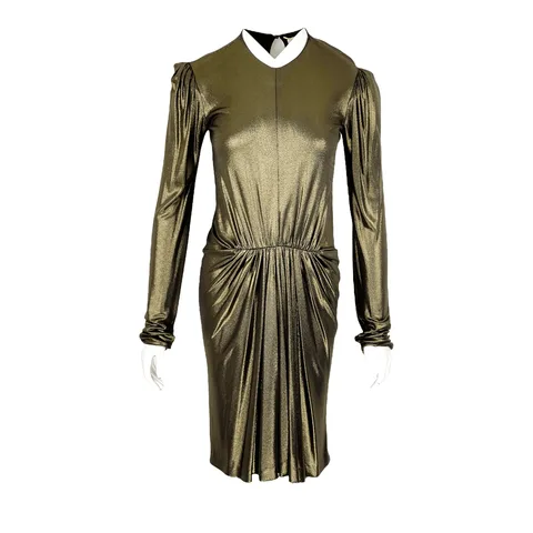 Saint Laurent Gold Metallic Jersey Gathered Waist Lurex Mini Dress 38