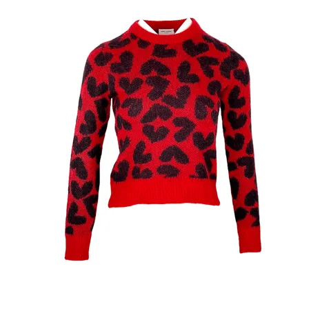 Saint Laurent Red Black Heart Patterned Mohair Sweater XS