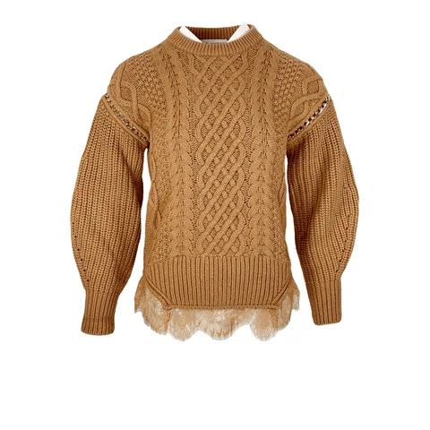 Self Portrait Cable Knit Lace Trimmed Light Brown Sweater S - 1