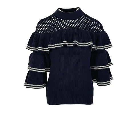 Self Portrait Navy Blue White Wool Cotton Frill Open Knit Ruffle Sweater S - 1