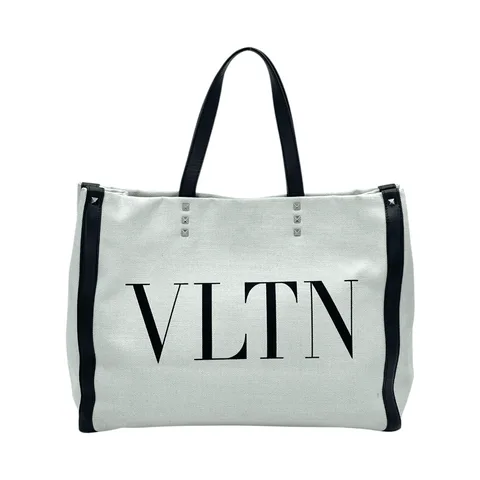 Valentino Ecru Canvas VLTN Logo Tote Bag - 1
