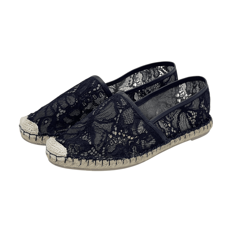 Valentino Black Lace Leather Butterfly Espadrilles 38 - 1