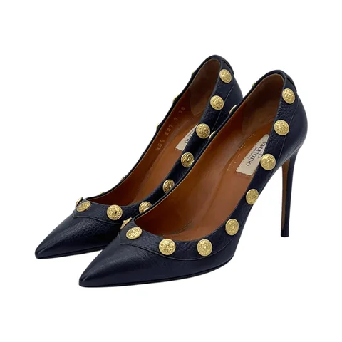 Valentino Black Leather Gold Coin Embellished Pointed Toe Pumps 38 - 1