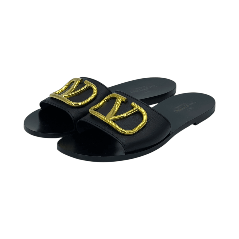 Valentino Black Leather Gold V Logo Signature Slides 37 - 1