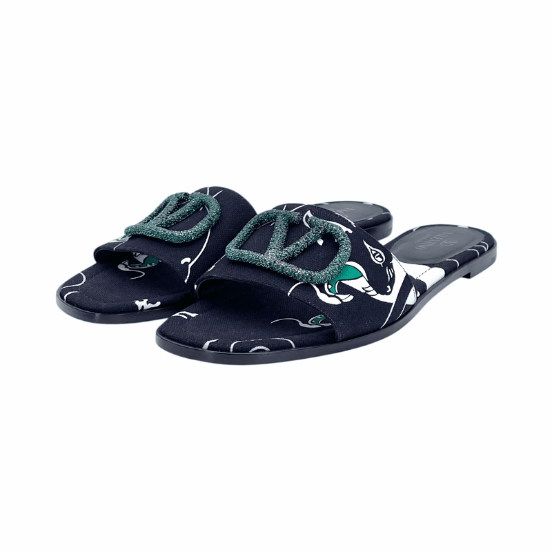 Valentino Black Printed Canvas Crystal Embellished  V Logo Flat Slides 40.5 - 1