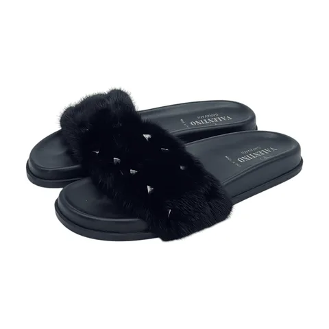 Valentino Garavani Black Rockstud Mink Fur Slides 37.5 - 1