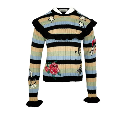 Valentino Multicolor Wool Knit Rose Butterfly Star Embroidered Sweater M