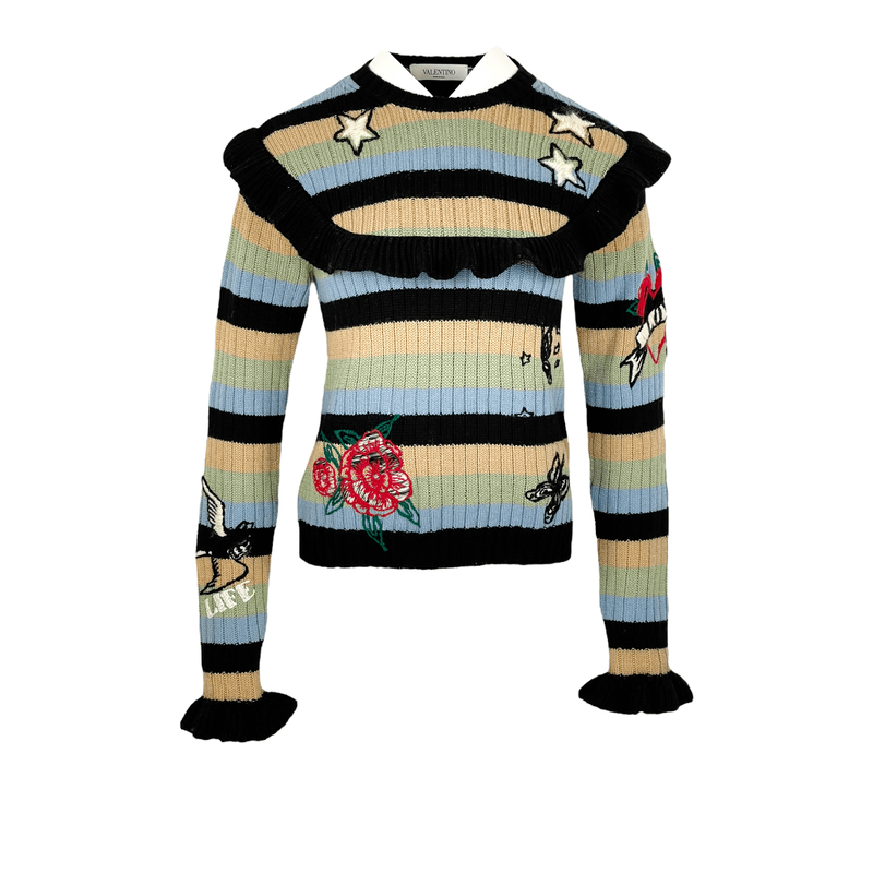 Valentino Multicolor Wool Knit Rose Butterfly Star Embroidered Sweater M - 1