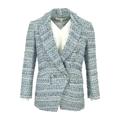 Veronica Beard Light Blue Tweed Double Breasted Silver Button Blazer Jacket 0 - 1