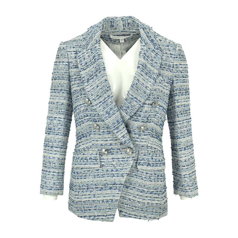 Veronica Beard Light Blue Tweed Double Breasted Silver Button Blazer Jacket 0 - 1