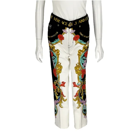 Versace Jeans Couture White Multicolor Cotton Logo Waistband Baroque Pattern Print Trousers IT38 - 1