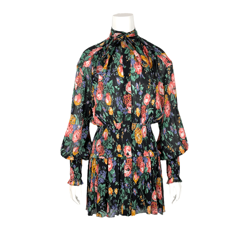 Zimmermann Allia Shirred Tie Neck Floral Silk Blend Mini Dress 0 - 1