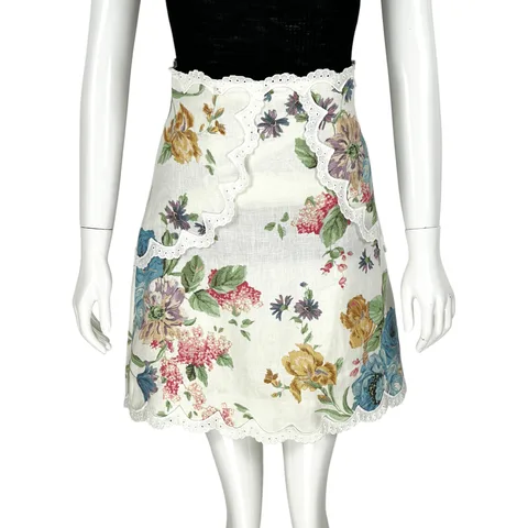 Zimmermann White Scalloped Floral Linen Mini Skirt 0
